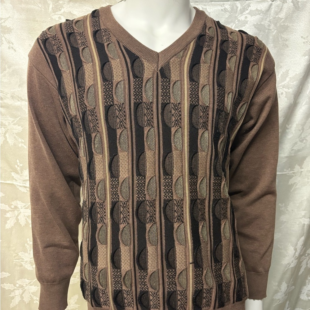 Brown V-Neck Sweater with Vertical Stripes and Geometric Patterns